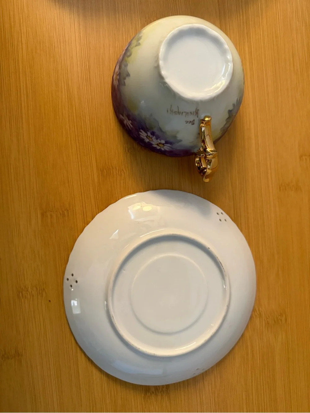 Purple Floral Tea Cup and Saucer with Gold Trim hand painted by Dee Kickinski